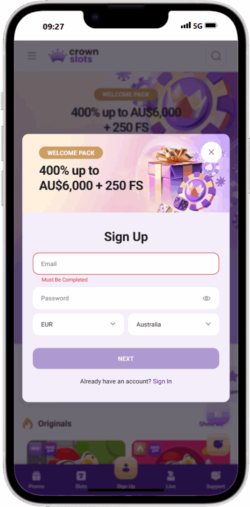 Registration Process of Crown Slots Casino